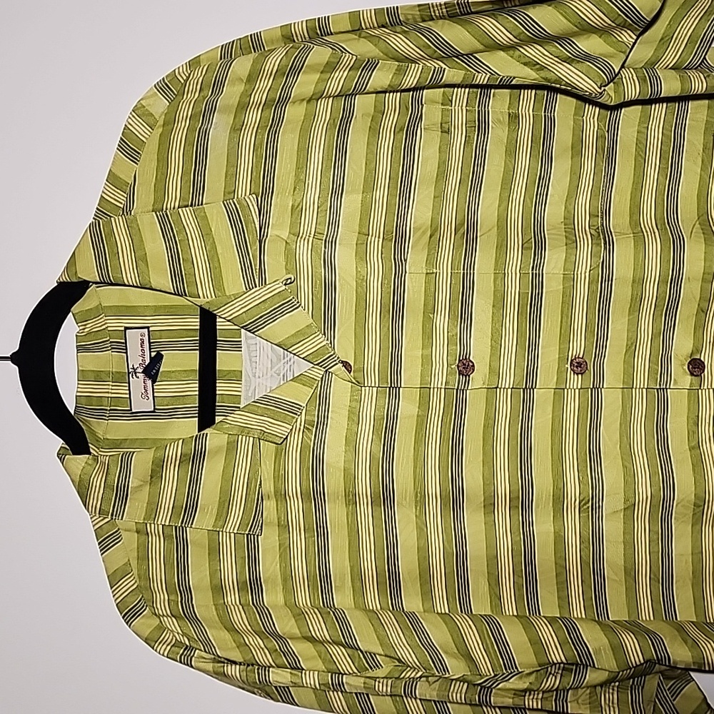 Tommy Bahama XL Camp Shirt, Green with stripes & plant design